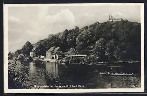 AK Hausen / Staffelstein, Ortsansicht mit Schloss Banz und Kajak