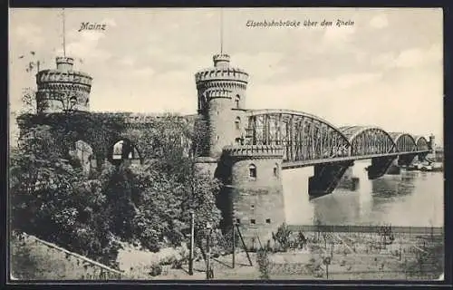 AK Mainz, Eisenbahnbrücke über den Rhein