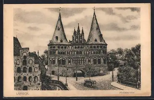 Künstler-AK Lübeck, eine Strassenbahn am Holstentor