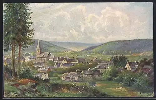 Künstler-AK Call / Eifel, Ortspanorama mit Kirche