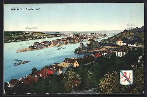 AK Passau, Totalansicht mit Blick auf die drei Flüsse Donau, Inn und Ilz