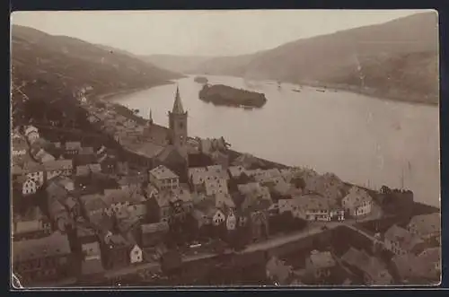 AK Lorch a. Rh., Ortsansicht mit Kirche und Blick auf den Fluss