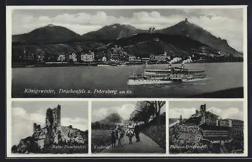 AK Königswinter, Ortsansicht mit Drachenfels u. Petersberg, Eselsritt, Plateau