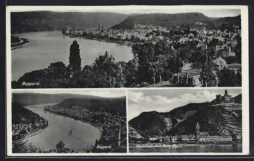 AK Boppard, Flusspartie mit Blick zur Stadt, Wellmich mit Burg Maus