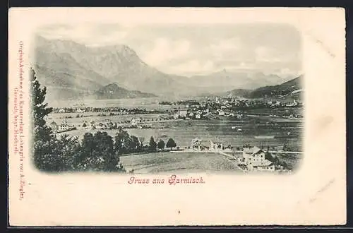 AK Garmisch, Ortspartie mit Alpenkette