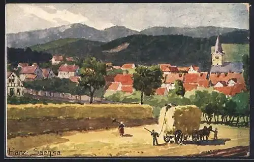 Künstler-AK Bad Sachsa / Harz, Totalansicht mit Kirche und Bauern auf dem Feld