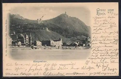 AK Königswinter a. Rhein, Blick vom Rhein auf Drachenfels