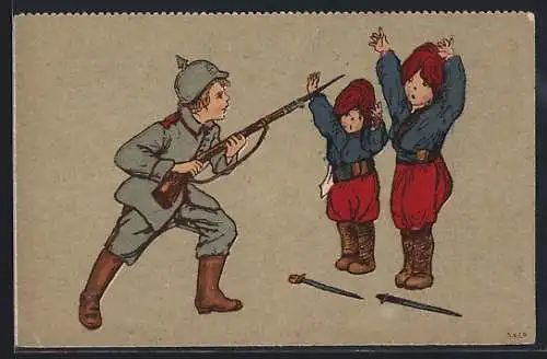 AK Hände hoch! Ergebt Euch!, Kleiner Soldat mit Gewehr, Kinder Kriegspropaganda