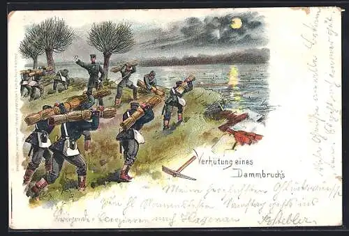 Lithographie Soldaten in Uniformen bei der Verhütung eines Dammbruchs