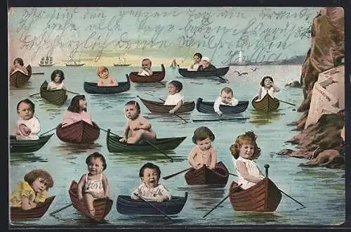 AK Fotomontage von Kindern in viele kleinen Booten auf dem Meer