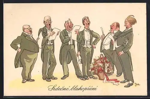 Künstler-AK Männer in Anzügen singen zusammen, Srdecné blahopráni