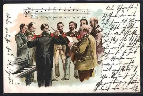 Lithographie Männerchor mit Dirigent, Musiknoten und Liedtext