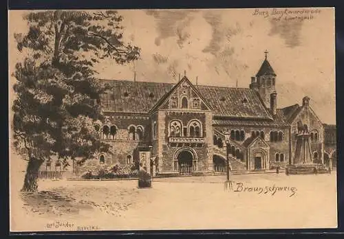 Künstler-AK Carl Jander: Braunschweig, Burg Dankwarderode mit Löwensäule
