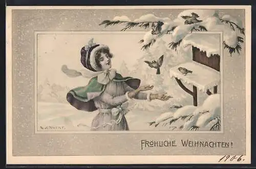 Künstler-AK R. Kratky: Junge Frau am Vogelhaus im Winter, Weihnachtsgruss