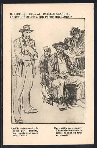 Künstler-AK Louis Raemaekers: Le Réfugé Belge a son Frère Hollandais, Kriegsflüchtlinge