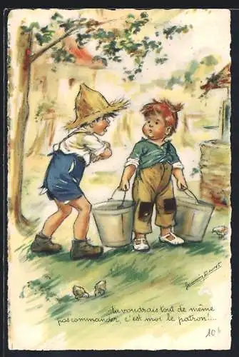 Künstler-AK Germaine Bouret: Zwei kleine Jungen am Brunnen