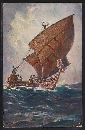 Künstler-AK Hans Bohrdt: Letztes Boot von der Insel Ugomes /Südsee auf bewegter See