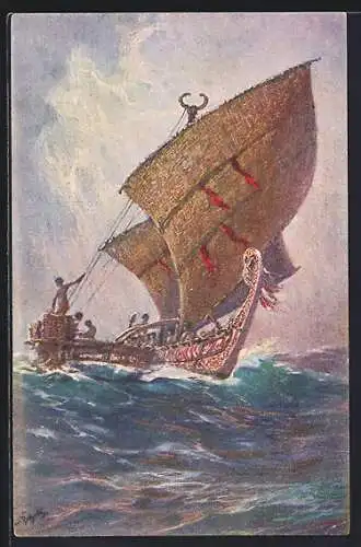 Künstler-AK Hans Bohrdt: Letztes Boot von der Insel Ugomes /Südsee auf bewegter See