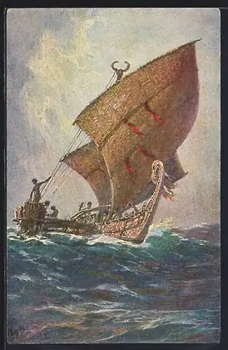 Künstler-AK Hans Bohrdt: Letztes Boot von der Insel Ugomes /Südsee auf bewegter See