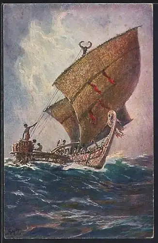 Künstler-AK Hans Bohrdt: Letztes Boot von der Insel Ugomes /Südsee auf bewegter See