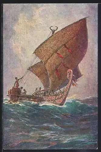 Künstler-AK Hans Bohrdt: Letztes Boot von der Insel Ugomes /Südsee auf bewegter See