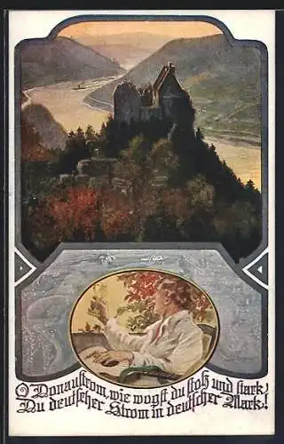 Künstler-AK Deutscher Schulverein Nr. 1051: Burg über der Donau und Weintrinker