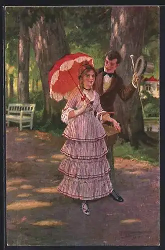 Künstler-AK R. Borrmeister: Pärchen auf einem Parkweg