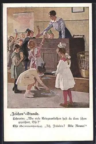 Künstler-AK Brynolf Wennerberg: Schulkinder zeichnen Kriegsanleihe in ihrer Klasse, Lehrerin verteilt sie