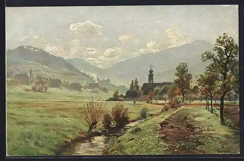 Künstler-AK W. Hasemann: Schöne Landschaft mit Kirche