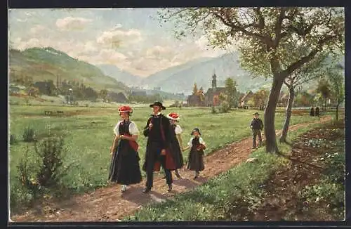 Künstler-AK W. Hasemann: Sonntag im Gutachtal, Familie auf einem Spaziergang