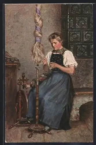 Künstler-AK W. Hasemann: Serie VI. No. 9, Spinnerin vor einem Ofen