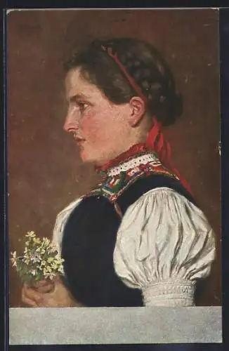 Künstler-AK W. Hasemann: Profil eines Mädchens aus dem Prechtal m. Blumenstrauss i. d. Hand