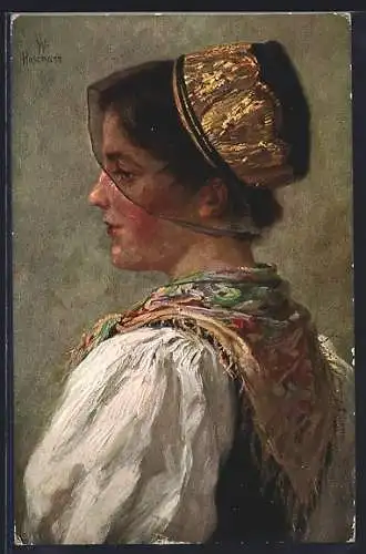 Künstler-AK Wilhelm Hasemann: Junge Mühlenbacherin in Tracht