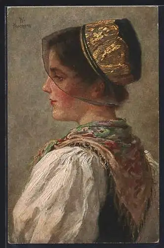 Künstler-AK Wilhelm Hasemann: Junge Mühlenbacherin in Tracht