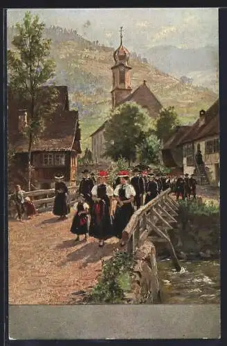 Künstler-AK Wilhelm Hasemann: Leute in Schwarzwälder Tracht, Kirche im Hintergrund