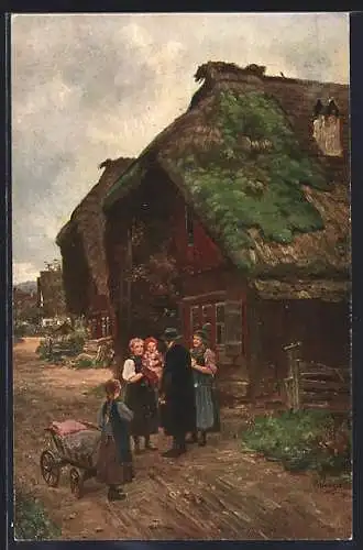 Künstler-AK Wilhelm Hasemann: Schwarzwald, Familie mit Kindern steht in einer Dorfgasse