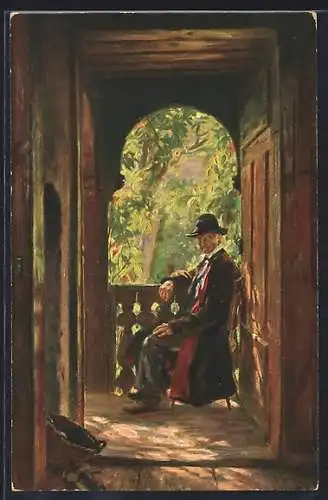 Künstler-AK Wilhelm Hasemann: Mann in langem Mantel und Hut sitzt auf einem Stuhl