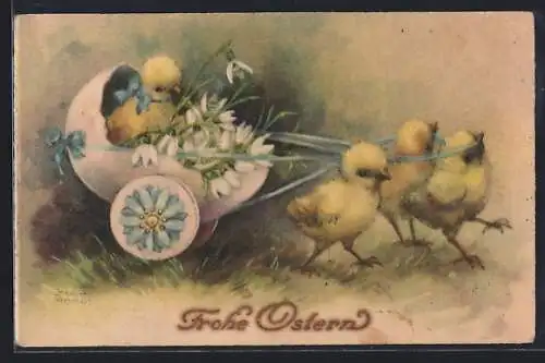 Künstler-AK Hannes Petersen: Osterküken ziehen eine Ostereierkutsche