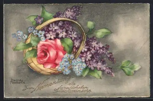 Künstler-AK Hannes Petersen: Blumenkorb mit einer Rose
