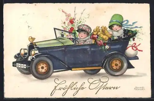 Künstler-AK Hannes Petersen: Kinder und Osterküken fahren in einem Auto