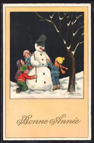 Künstler-AK Hannes Petersen: Kinder bauen einen Schneemann