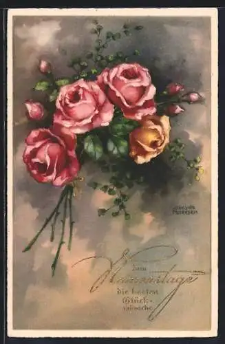 Künstler-AK Hannes Petersen: Rosen-Stilleben zum Namenstag