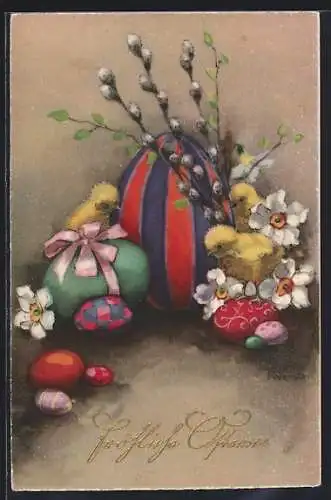 Künstler-AK Hannes Petersen: Osterküken mit bunt bemalten Ostereiern