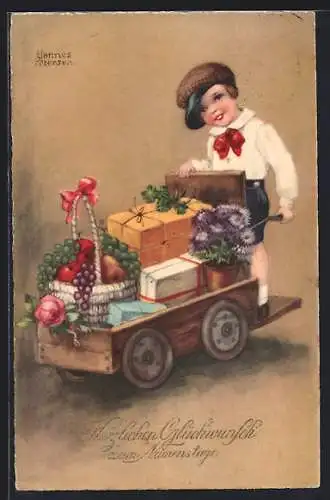 Künstler-AK Hannes Petersen: Junge bringt Geschenke und Blumen