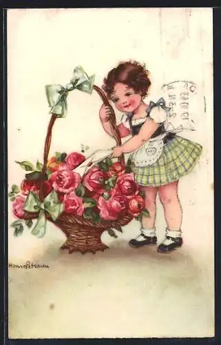 Künstler-AK Hannes Petersen: Mädchen mit Rosenkorb und Brief
