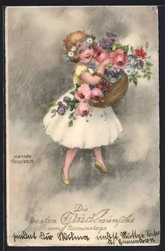 Künstler-AK Hannes Petersen: Mädchen mit einem Korb voller Blumen
