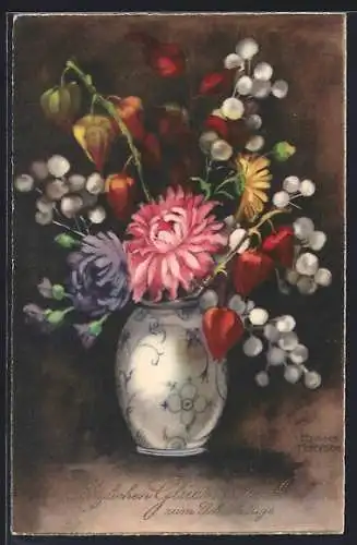 Künstler-AK Hannes Petersen: Blumenstrauss in einer Vase, Geburtstagsgruss