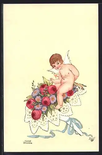 Künstler-AK Hannes Petersen: Amor sitzt auf einem Blumenstrauss