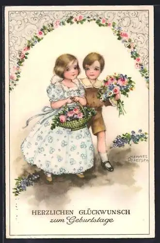 Künstler-AK Hannes Petersen: Kleines Paar mit Blumenstrauss und Korb