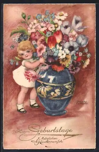 Künstler-AK Hannes Petersen: Kleines Mädchen mit riesigem Blumenstrauss